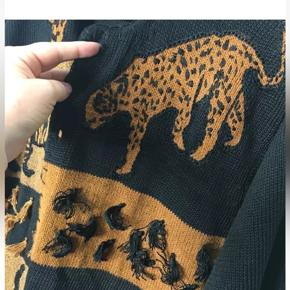Victoria Harbour Cardigan Size Medium Sweater Black Brown Animal Print Vintage - Picture 4 of 8